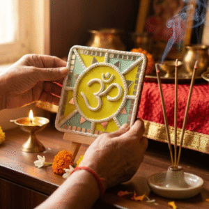 Divine Om Lippan Art Table Decor with Mini Stand (Size 4 Inch)